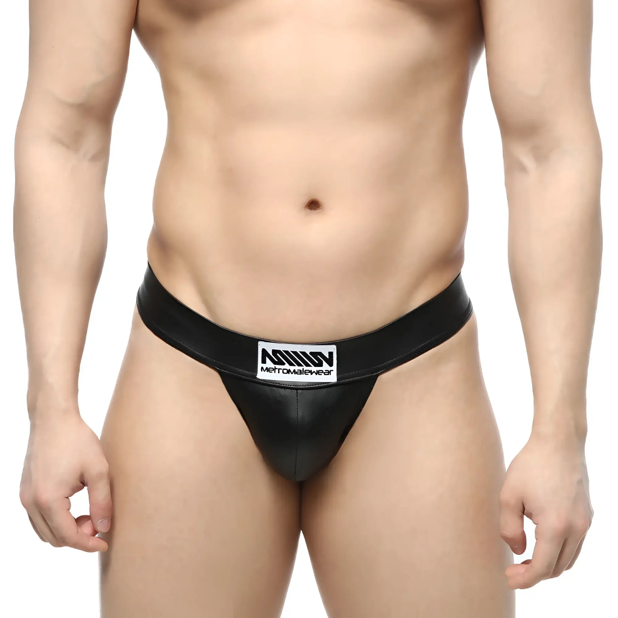 Black leather-like MetroMaleWear Deseo thong in metal black with white logo patch on waistband, front view