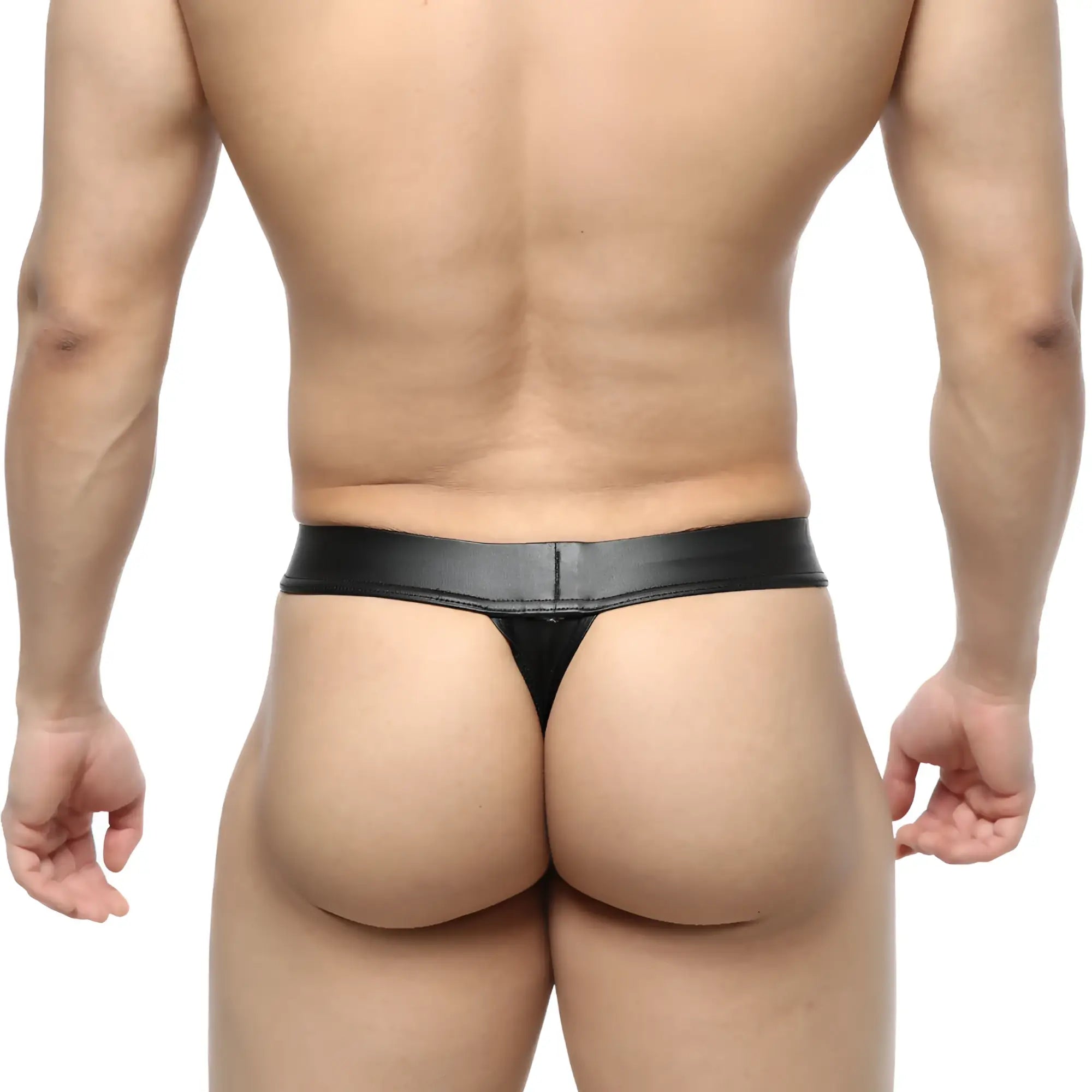 Black leather thong metro malewear deseo thong metal black 3312-30 with smooth glossy finish and narrow waistband