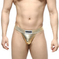 Gold metallic MetroMaleWear Deseo thong briefs with black and white logo on waistband in metal gold color