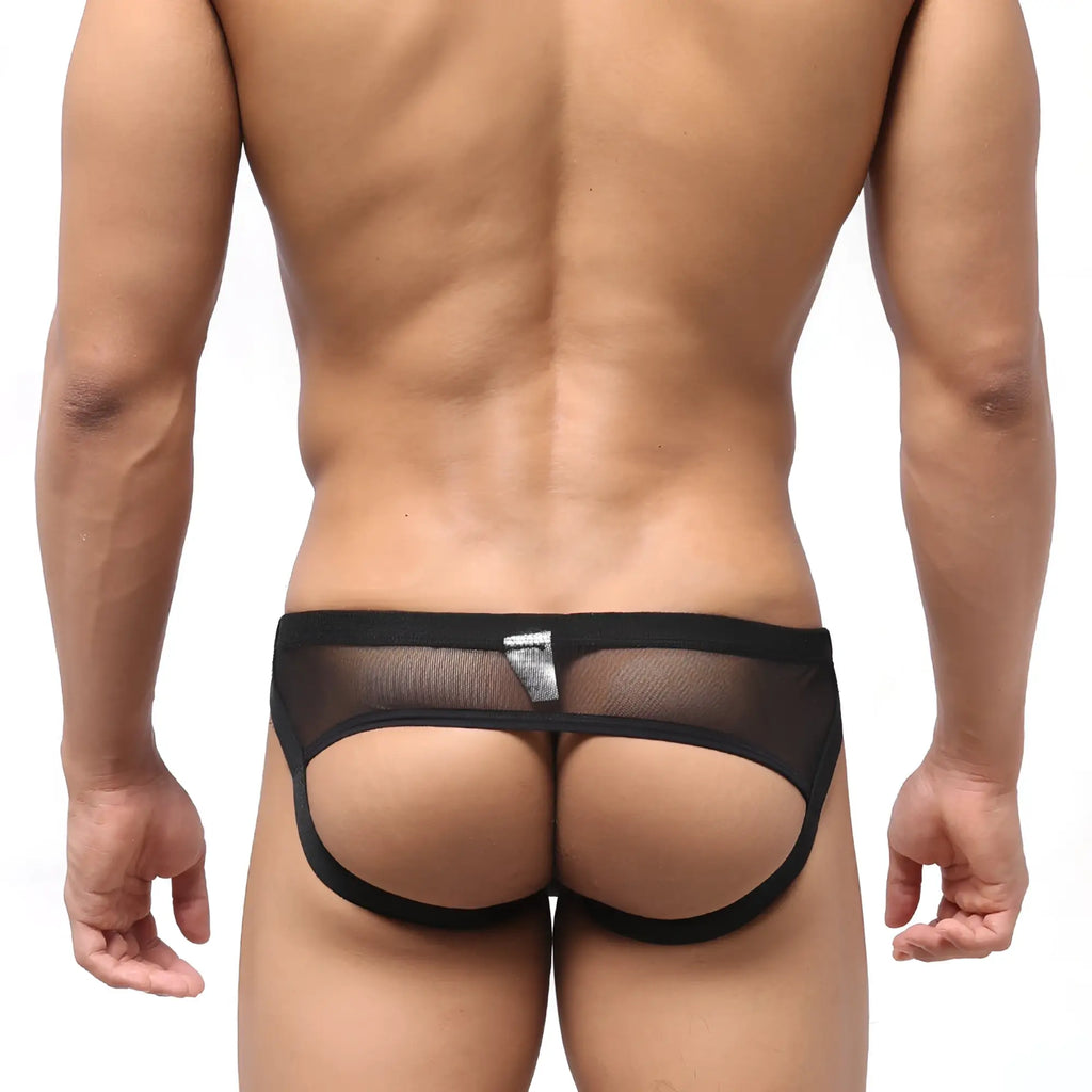 Metro male wear despejado jock strap black 1301-20 black mesh thong with solid black waistband and silver logo tag