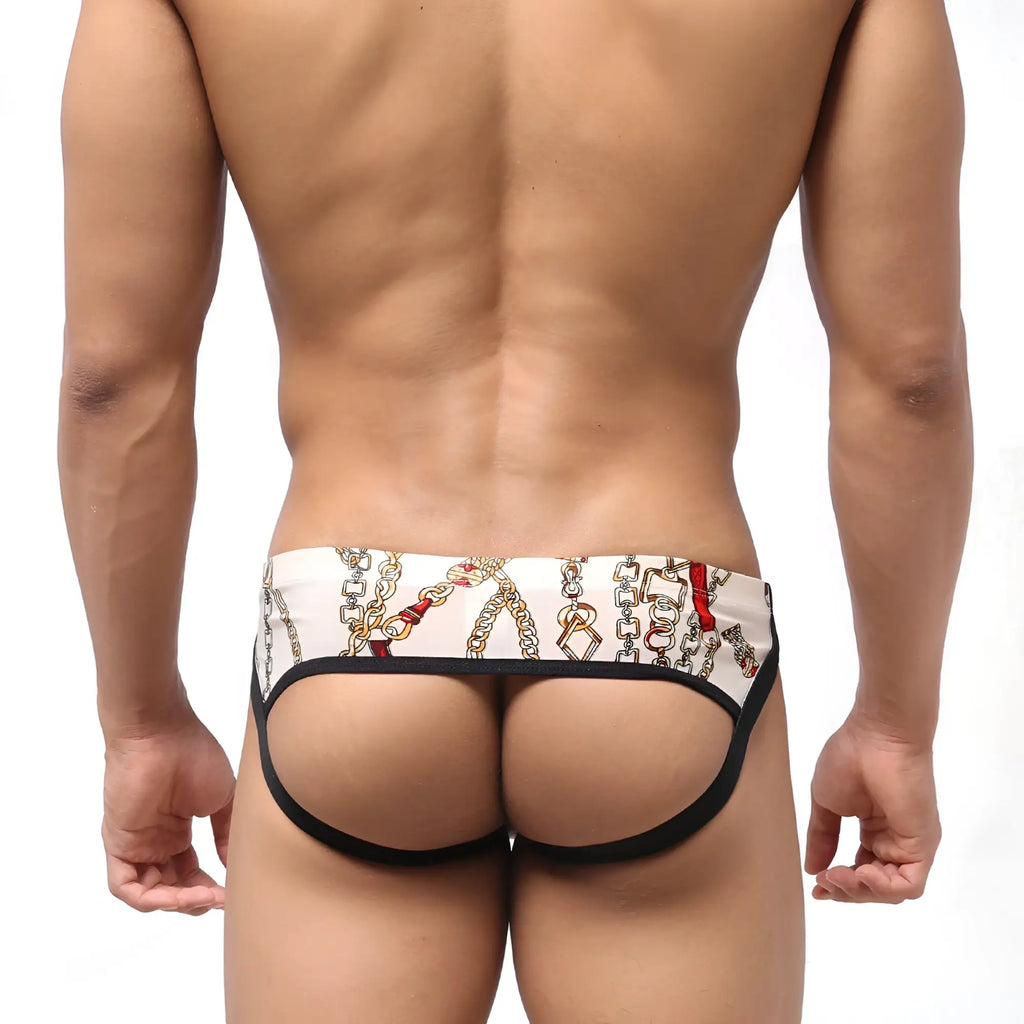 White briefs with chain and red accent pattern black trim from metromalewear despejado jock strap lujos 1301-31 collection