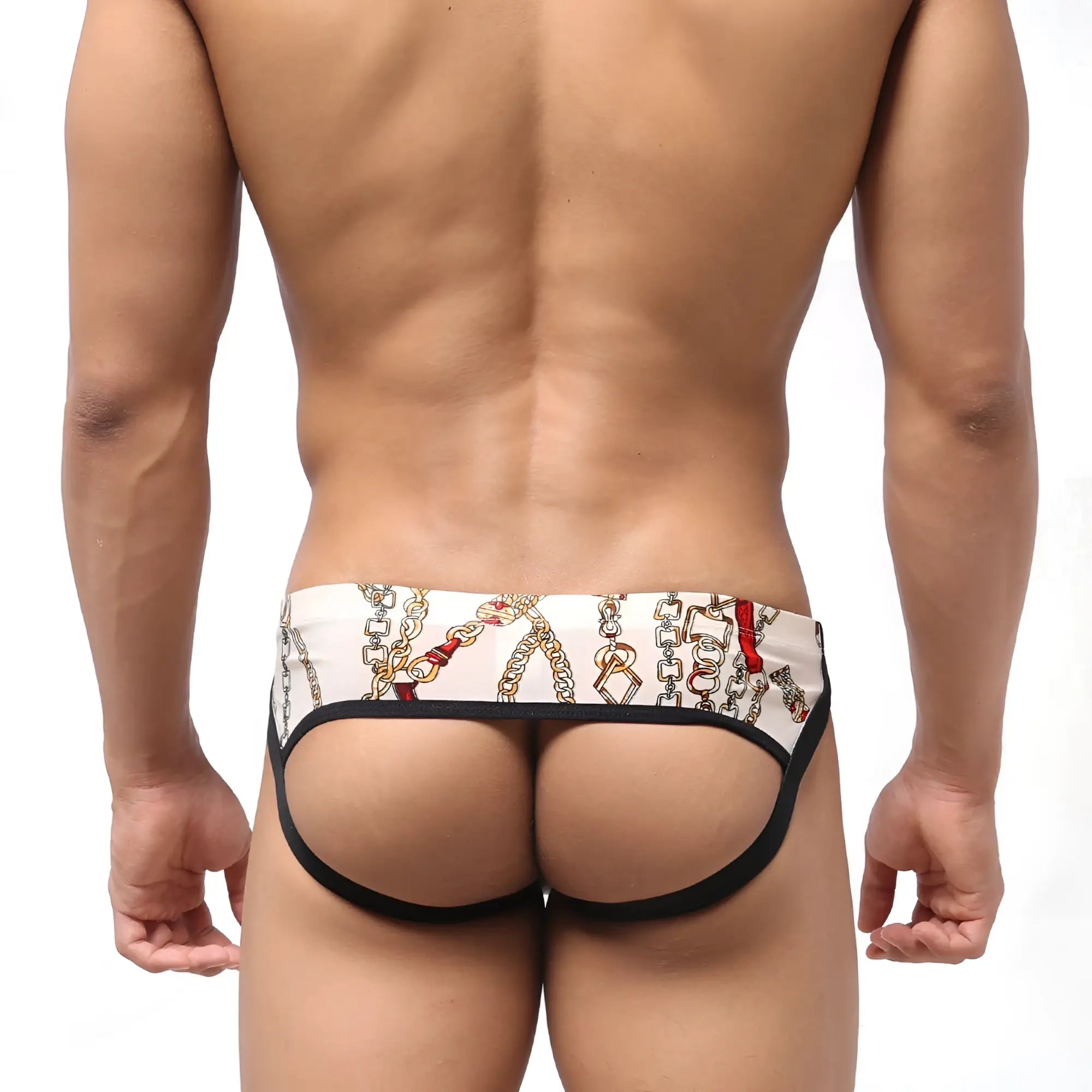 White briefs with chain and red accent pattern black trim from metromalewear despejado jock strap lujos 1301-31 collection