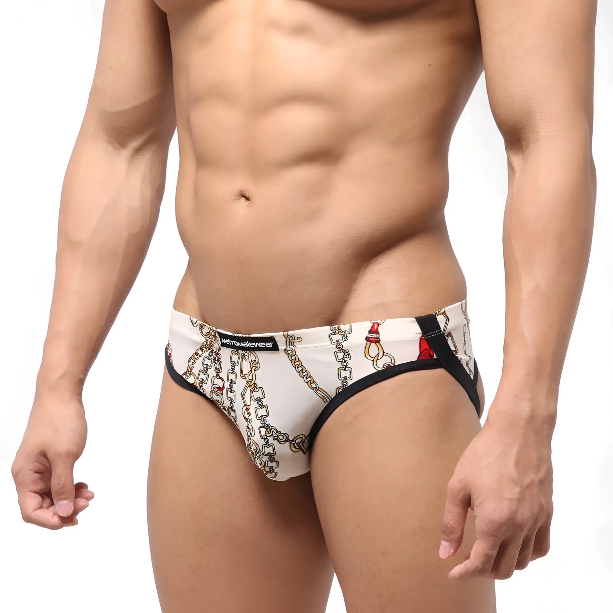 White men’s briefs with chain and lock pattern black trim and misto waistband from metromalewear despejado jock strap lujo