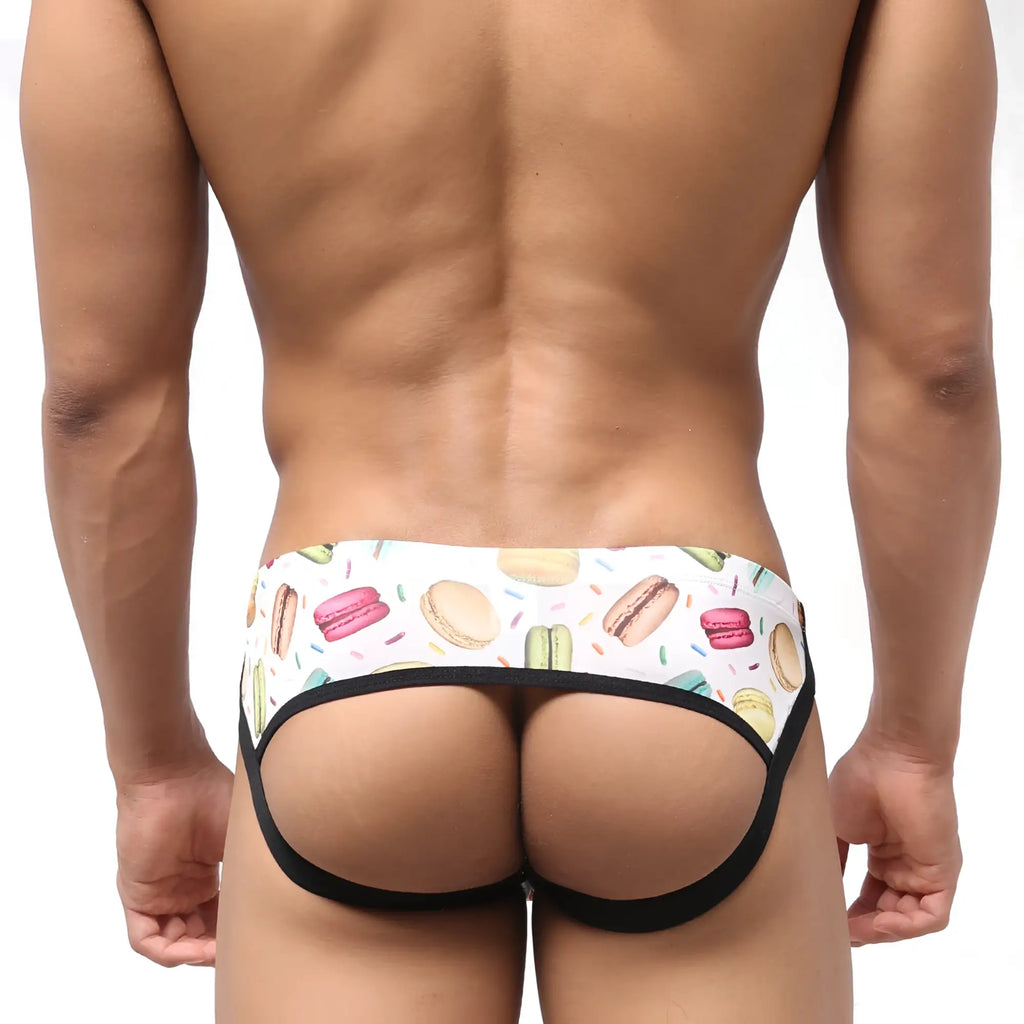 White and black briefs with colorful macarons hot dogs and sprinkles pattern from metromalewear despejado jock strap 1301-32