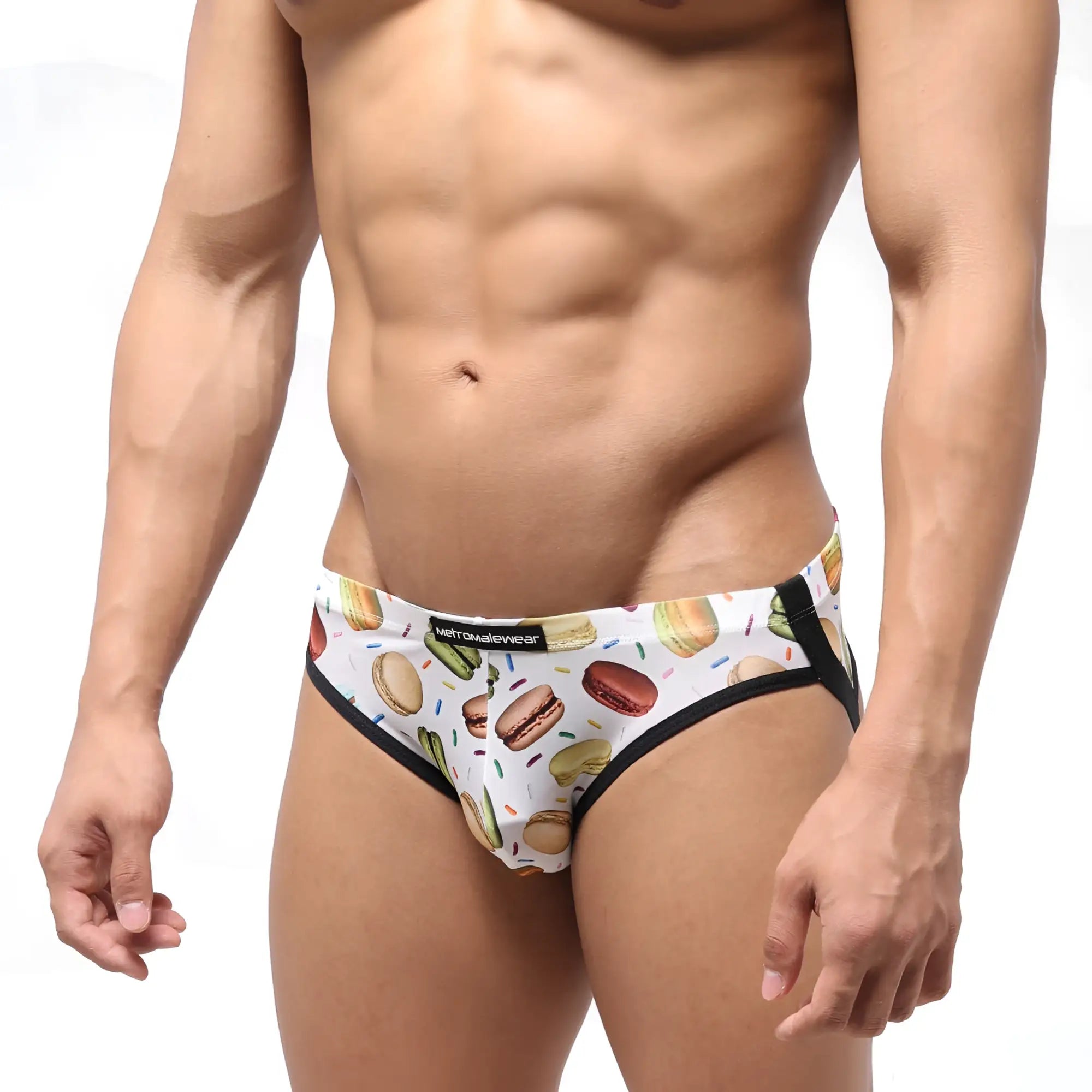 MetroMaleWear despejado jock strap macaron 1301-32 white briefs with playful macaron hot dog candy sprinkle pattern and black trim