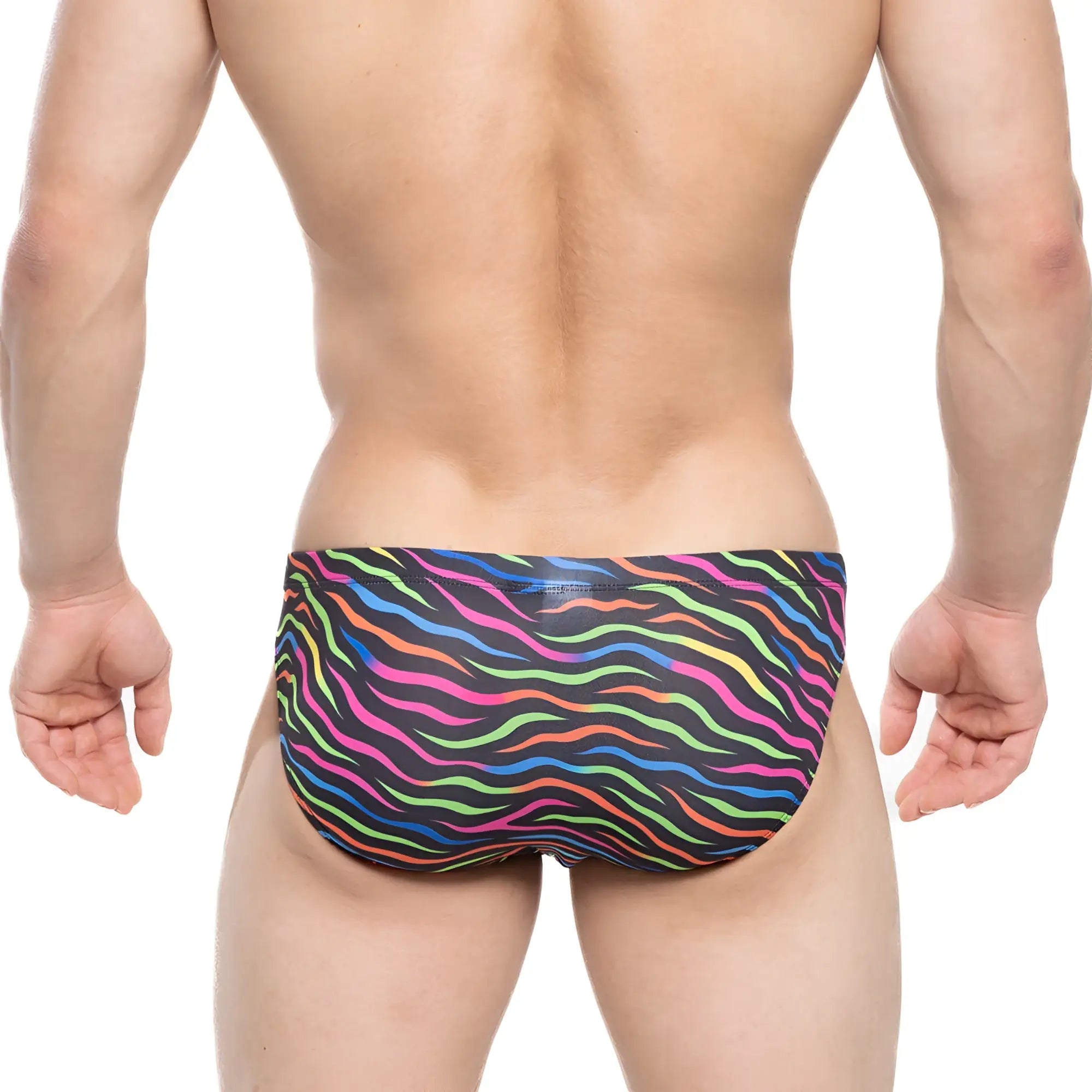 MetroMaleWear Disco Bikini 5103-M43 vibrant rainbow zebra-striped swim trunks with sleek form-fitting design