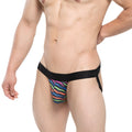 MetroMaleWear disco jock strap 3001-M43 vibrant rainbow-striped with black elastic waistband and side straps