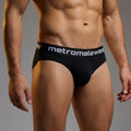 Black men’s brief with white metromalewear logo on waistband in metroMaleWear doctor brief black 5014-20 style