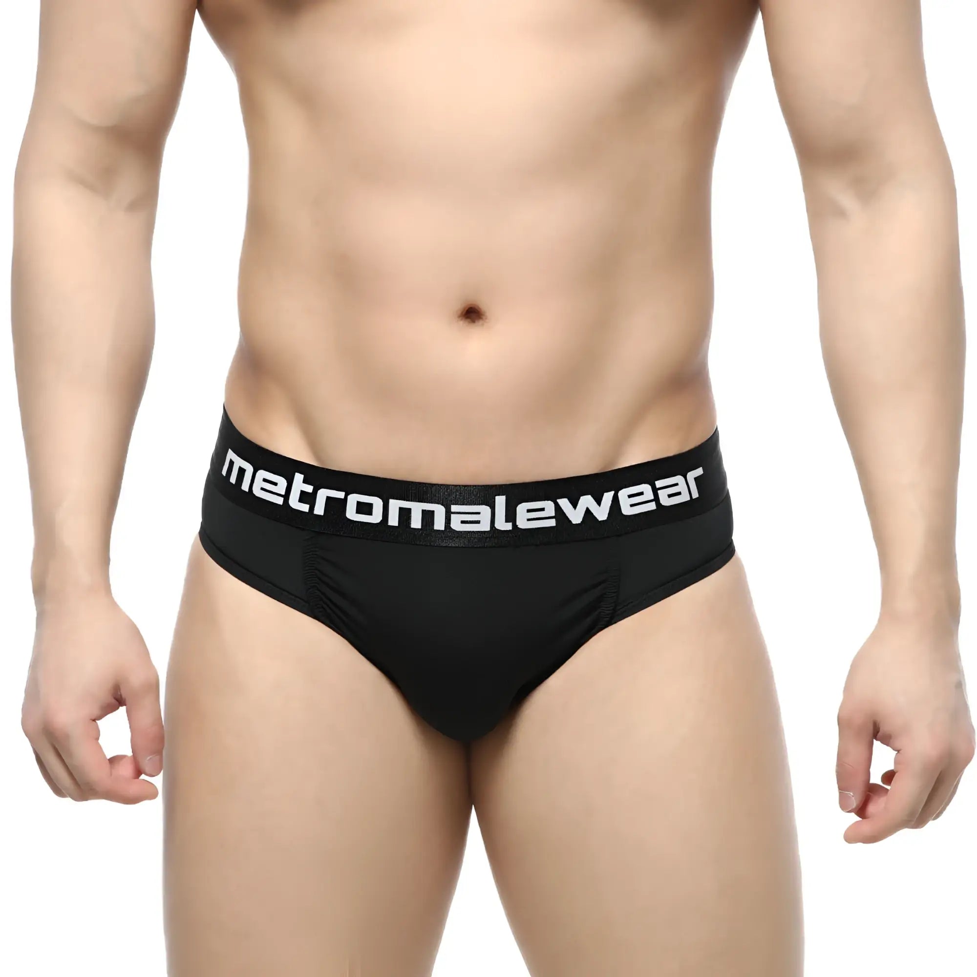 Black MetroMaleWear Dolce briefs featuring a white logo waistband made from soft breathable fabric for daily wear