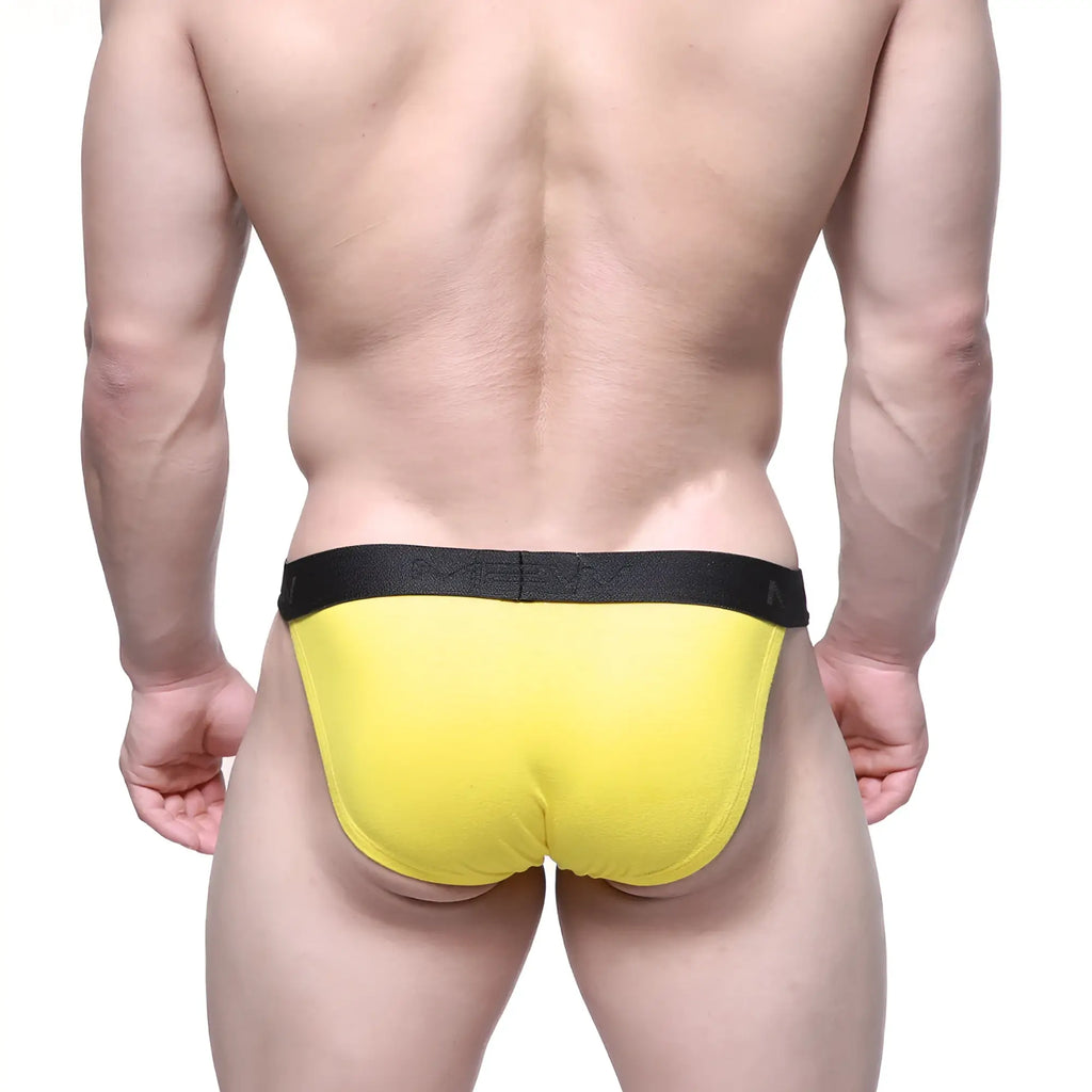 Bright yellow MetroMaleWear Dorado Bikini briefs with black elastic waistband offering comfortable fit and style