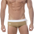 Metro male wear dorado swim brief tan trunks with white waistband drawstring and asian brand name on left side