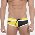 Bright yellow and black MetroMaleWear double band swim brief with white trim and branded logo on the side