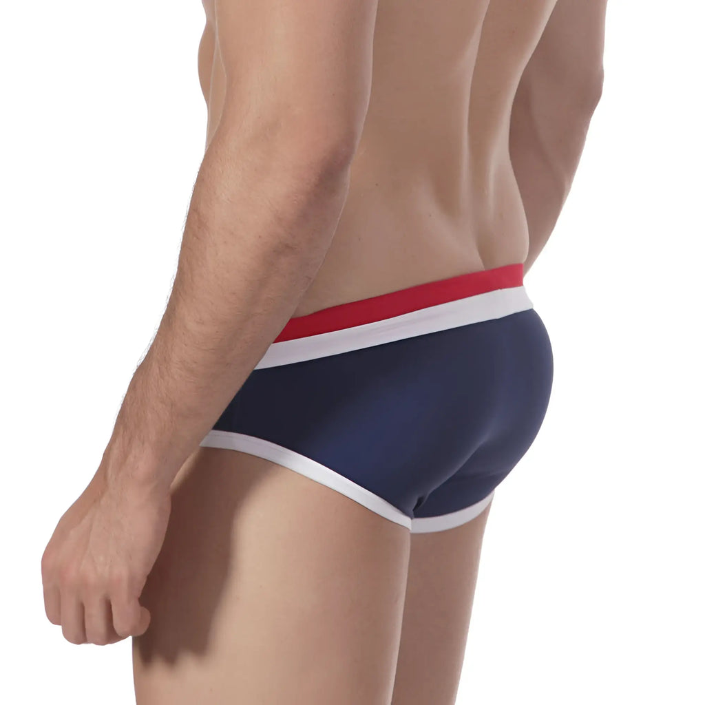 MetroMalewear double band navy swim brief with red and white striped waistband designed for comfortable swimming