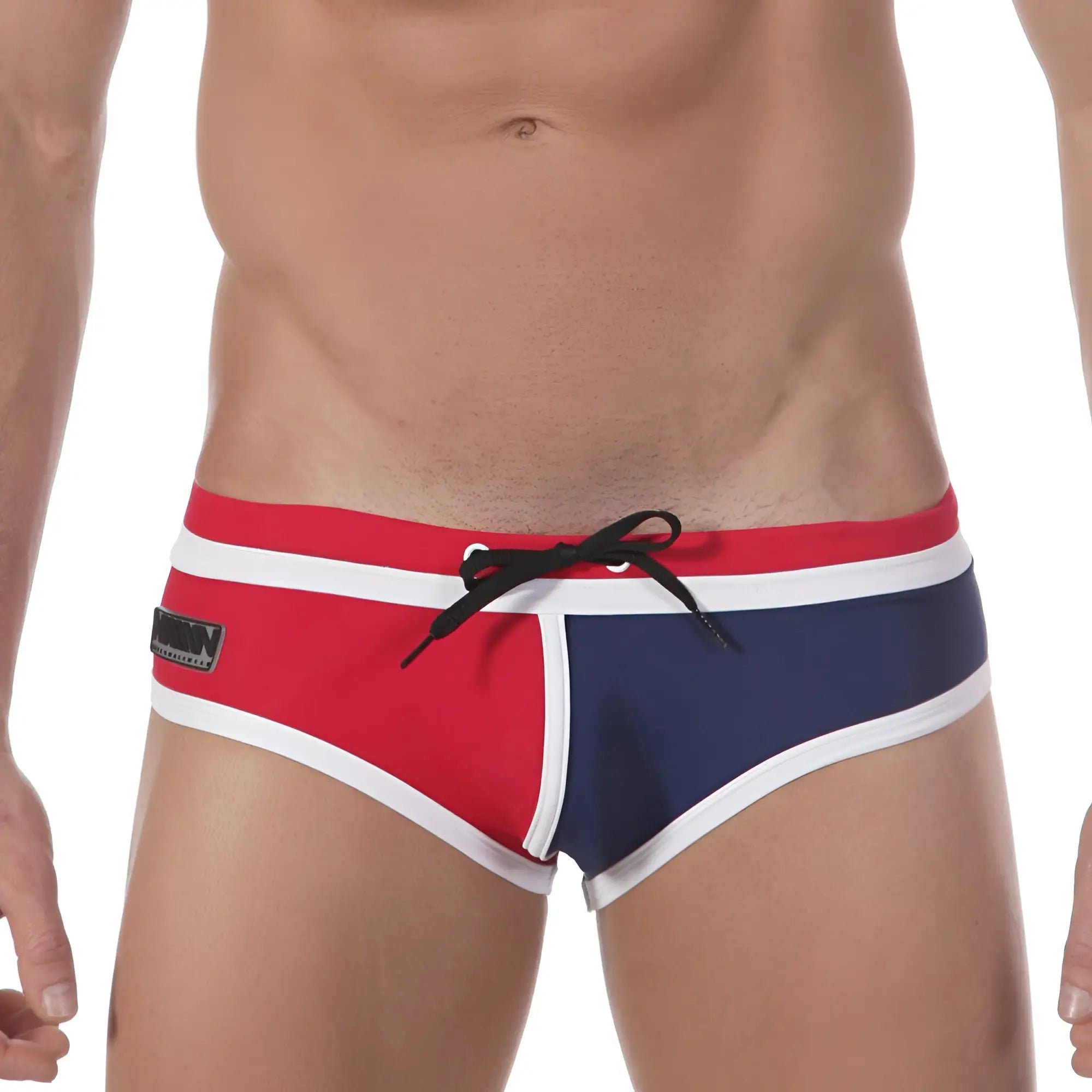 MetroMalewear double band swim brief navy 4916-28 swim trunks in red and navy blue with white trim and black drawstring