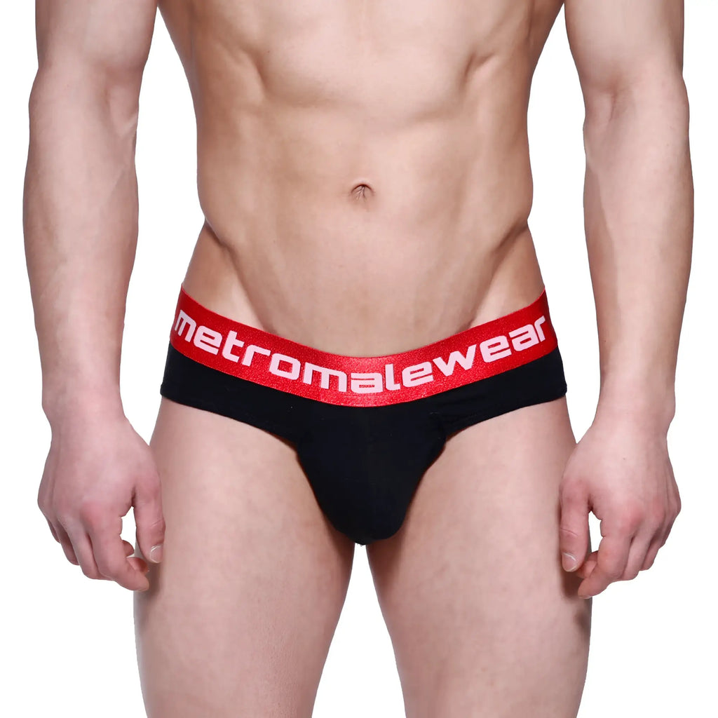 Black briefs with red elastic waistband and metromalewear logo in white downhole brief black 3029-20