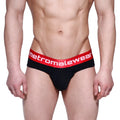 Black briefs with red elastic waistband and metromalewear logo in white downhole brief black 3029-20
