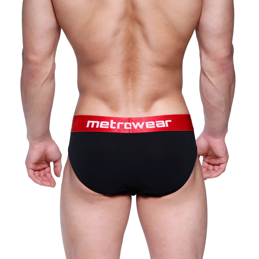 Black briefs with a red waistband featuring metrowear logo in white from metromalewear downhole brief black 3029-20