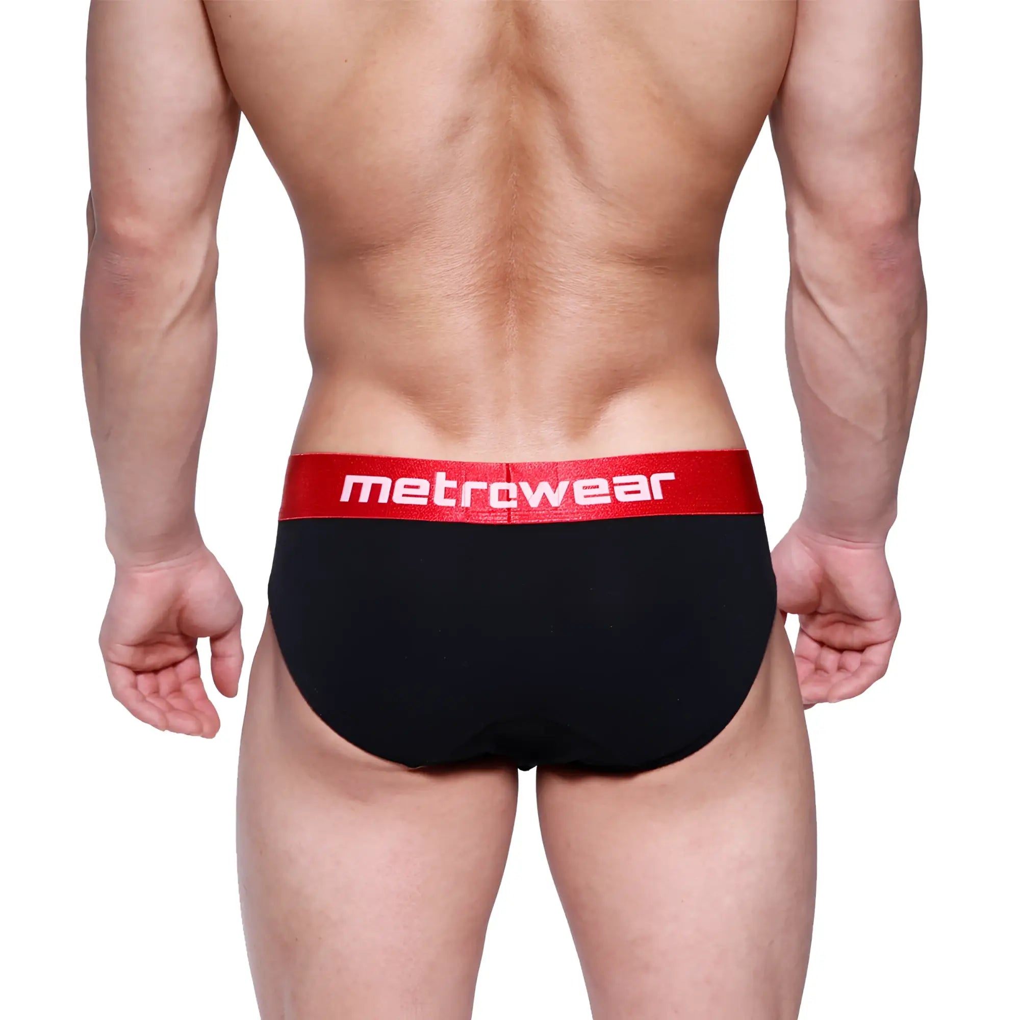 Black briefs with a red waistband featuring metrowear logo in white from metromalewear downhole brief black 3029-20