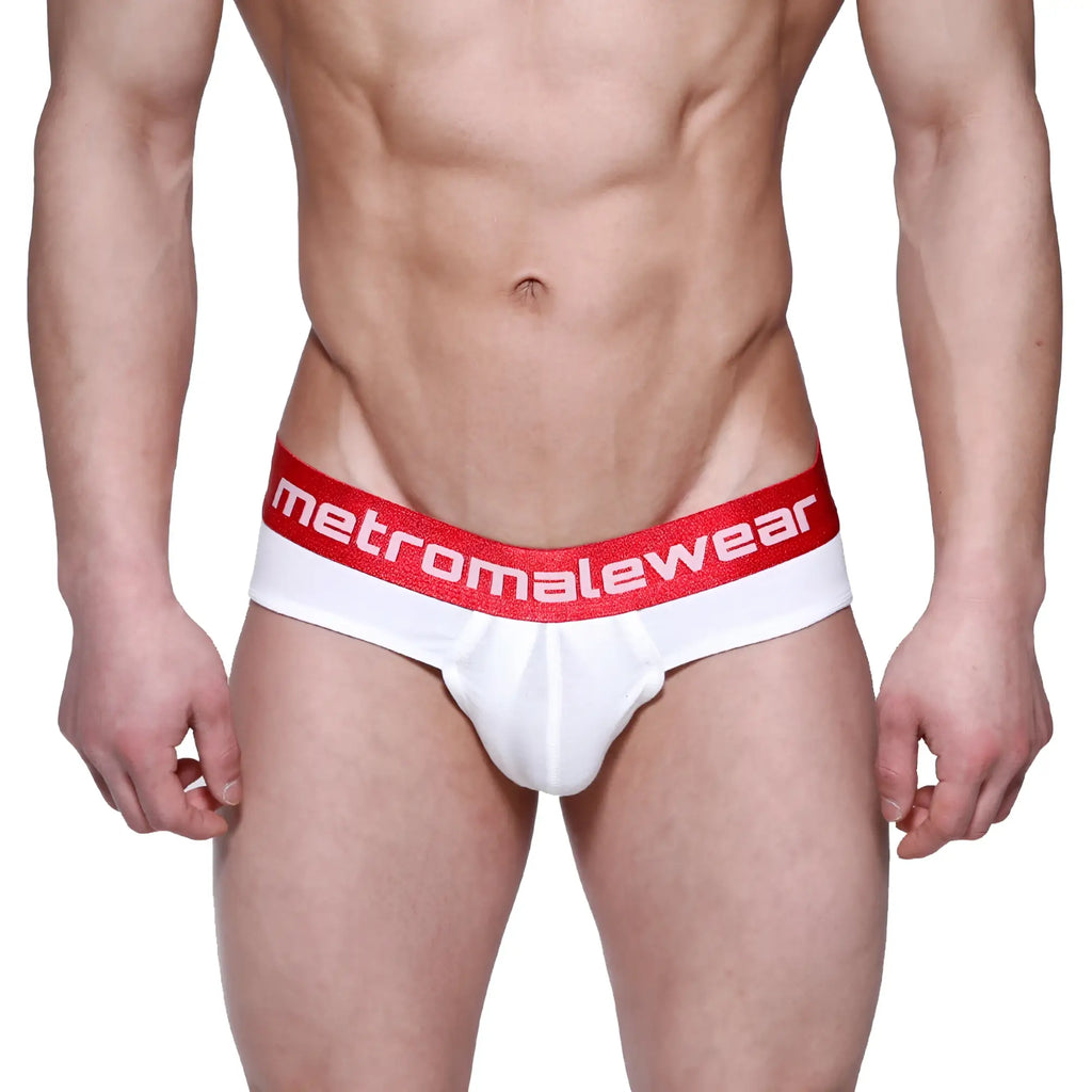 White briefs with a red waistband featuring the metromalewear logo in white from metro male wear downhole brief 3029-00