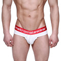 White briefs with a red waistband featuring the metromalewear logo in white from metro male wear downhole brief 3029-00