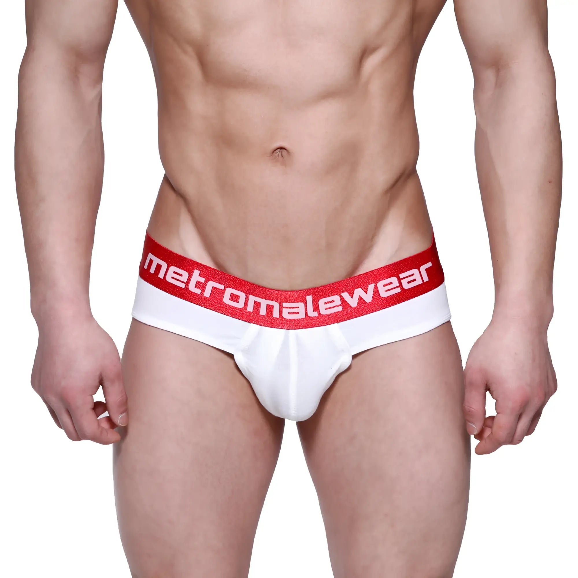 White briefs with a red waistband featuring the metromalewear logo in white from metro male wear downhole brief 3029-00