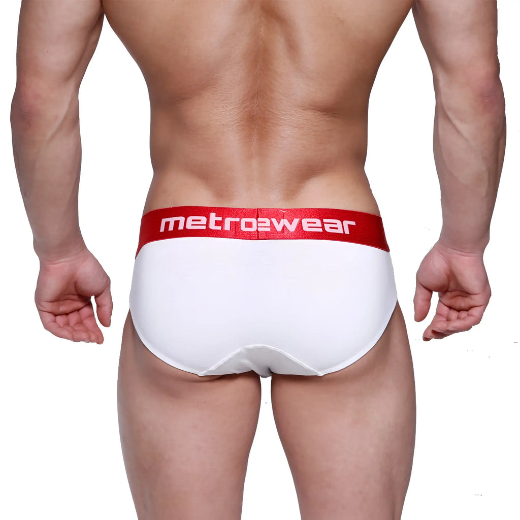 White briefs with red waistband featuring metro2wear logo in white from metromalewear downhole brief 3029-00