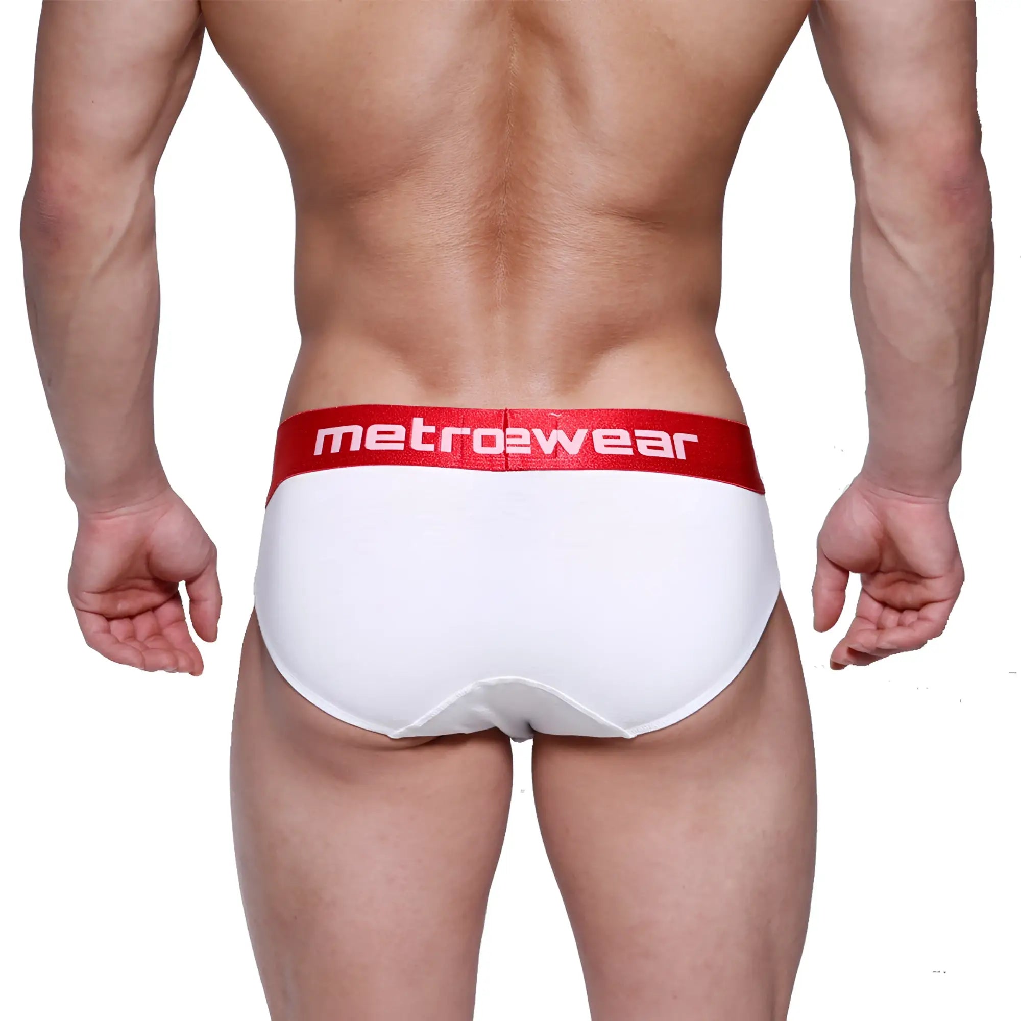 White briefs with red waistband featuring metro2wear logo in white from metromalewear downhole brief 3029-00