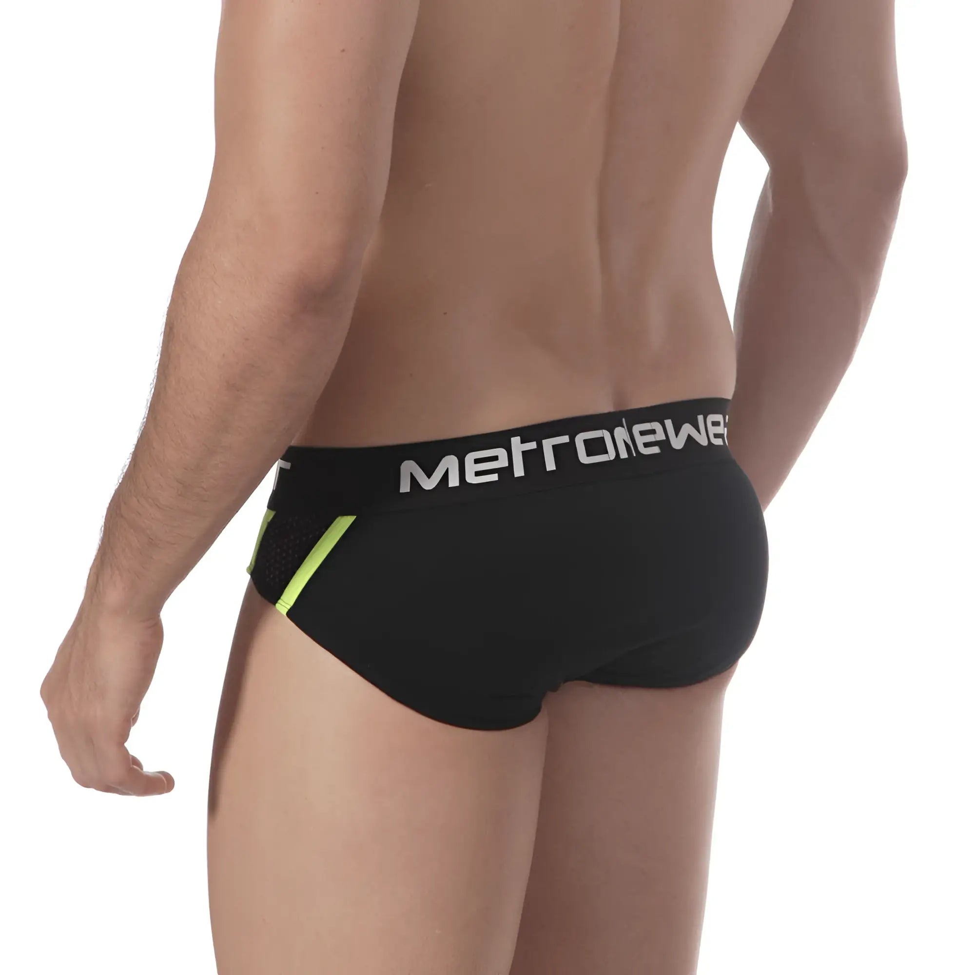 Black metronewer men’s briefs with neon green side panels and a white logo waistband metro malewear drive hip brief