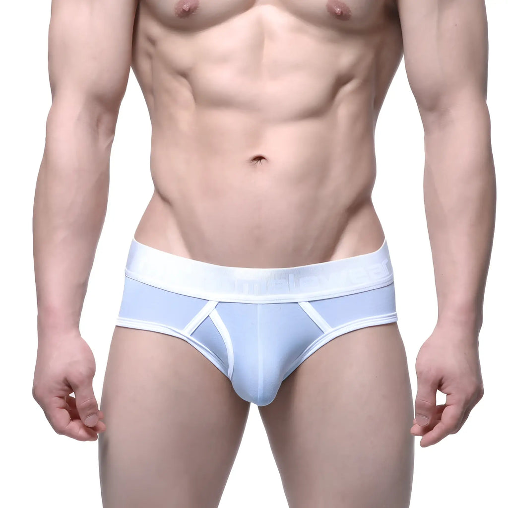 Light blue MetroMaleWear Duke brief with white trim and subtle logo on waistband in comfortable fabric