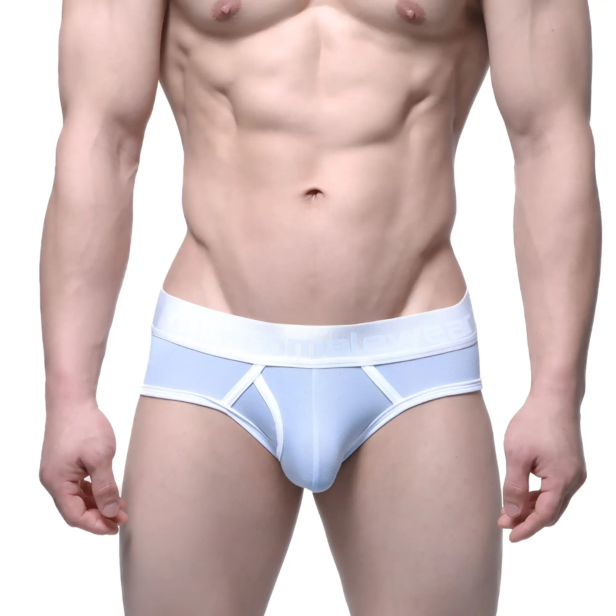 Light blue MetroMaleWear Duke brief with white trim and subtle logo on waistband in comfortable fabric
