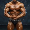A muscular man wearing black form-fitting MetroMaleWear Duque swim briefs with silver trim in front view