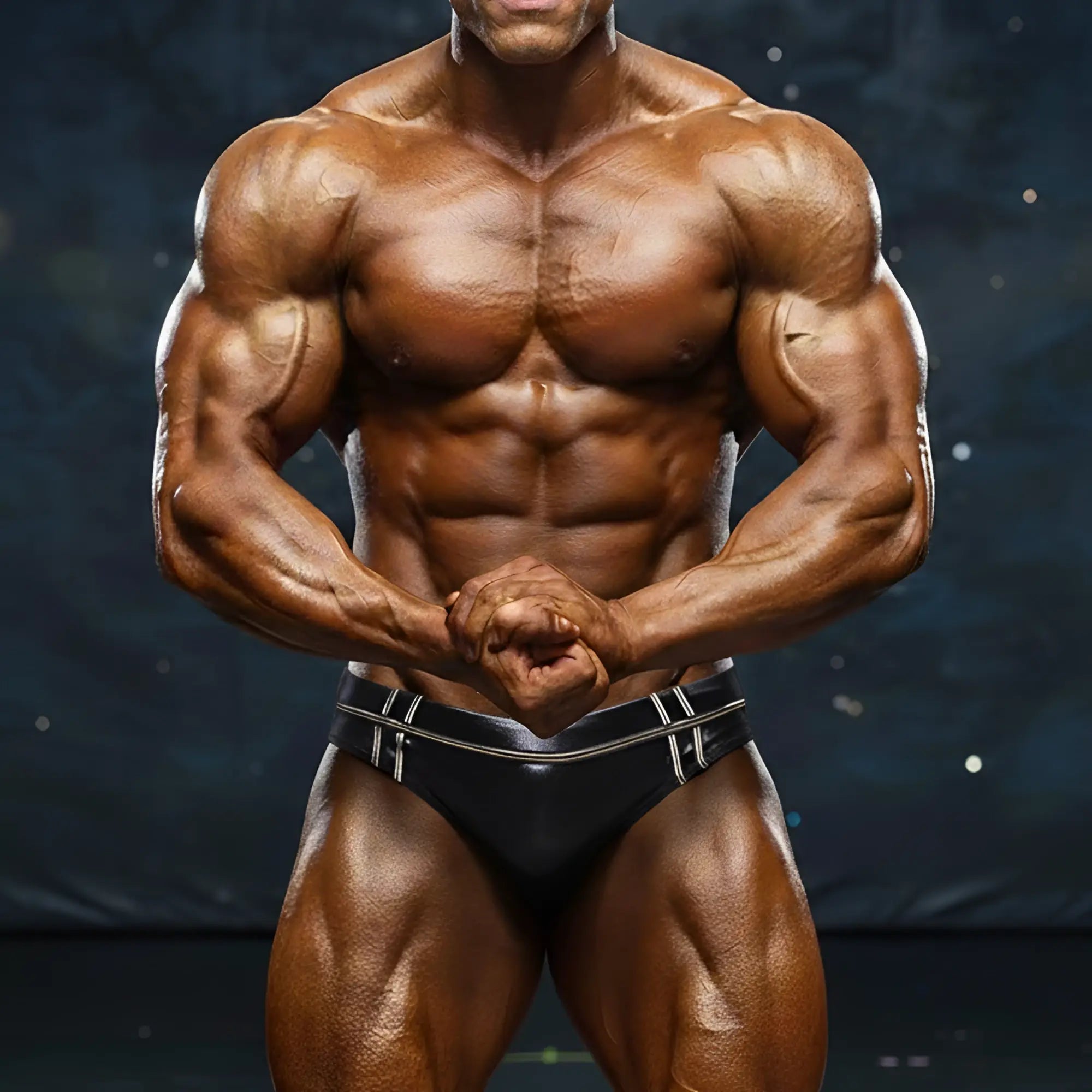 A muscular man wearing black form-fitting MetroMaleWear Duque swim briefs with silver trim in front view