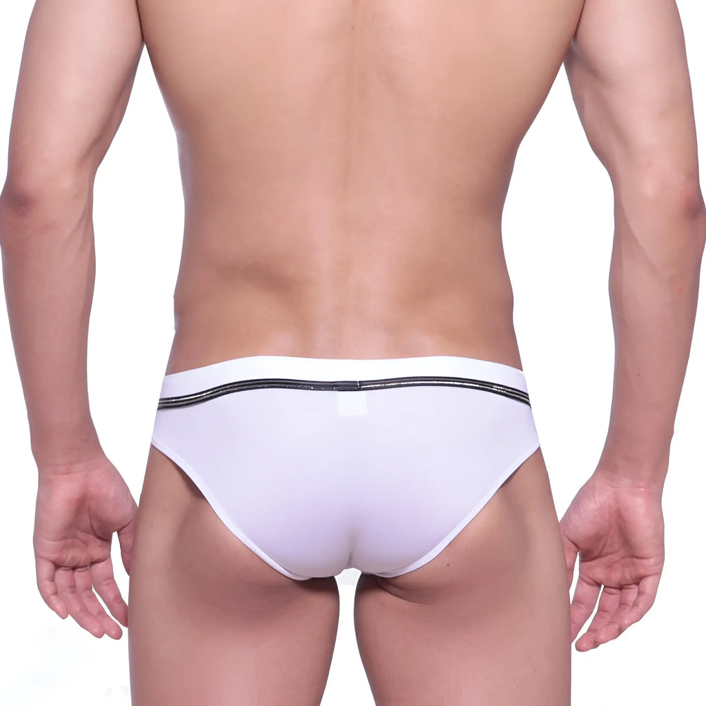 White briefs with black glittery elastic waistband metromalewear duque swim brief white 4914-81 front view