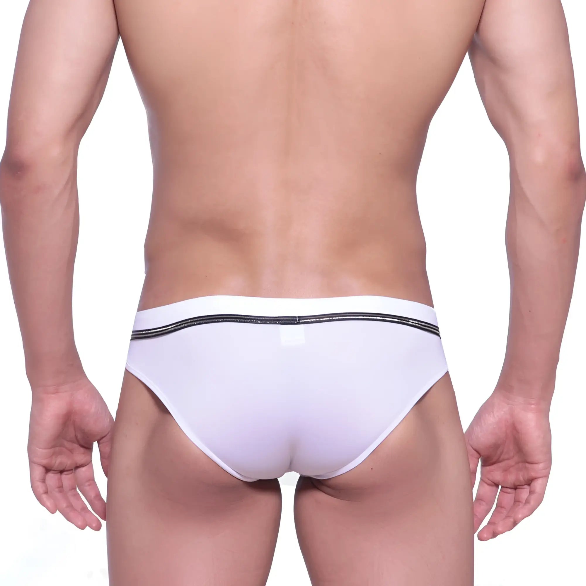 White briefs with black glittery elastic waistband metromalewear duque swim brief white 4914-81 front view