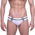 MetroMaleWear Duque white swim briefs with black striped detailing designed for comfortable beachwear