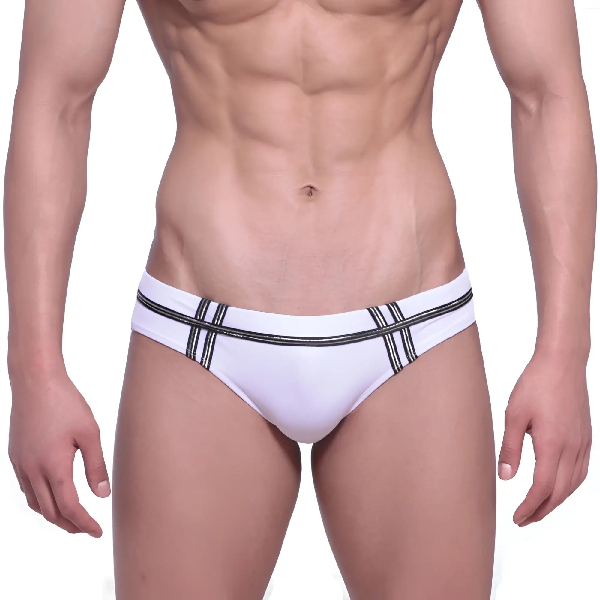 MetroMaleWear Duque white swim briefs with black striped detailing designed for comfortable beachwear