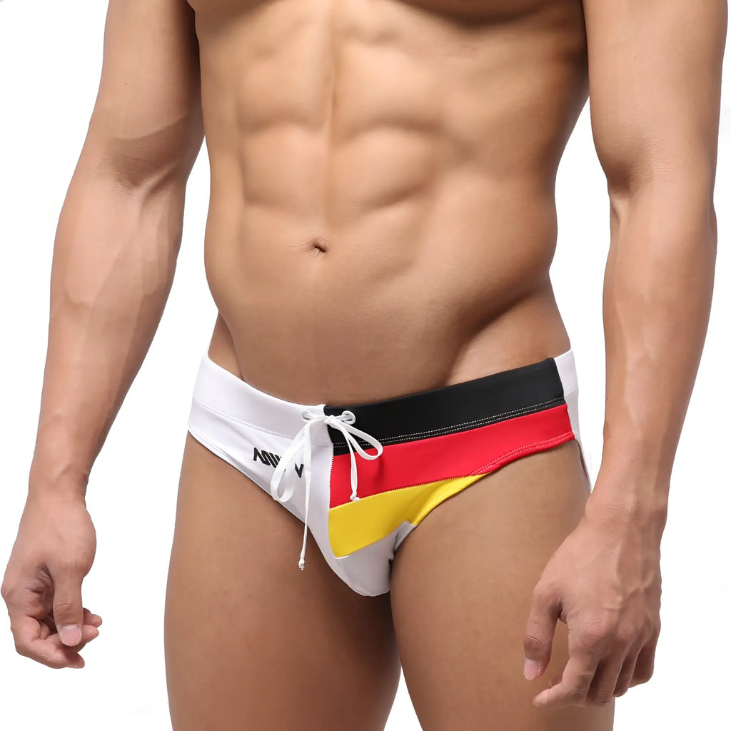 White swim trunks metro malewear dutch swim brief 4946-31 with bold black red and yellow german flag stripe design