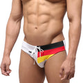 White swim trunks metro malewear dutch swim brief 4946-31 with bold black red and yellow german flag stripe design