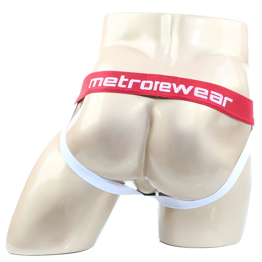 Red and white metrowear briefs with a snug form fitting design from metromalewear dynogreen jockstrap 2901-17
