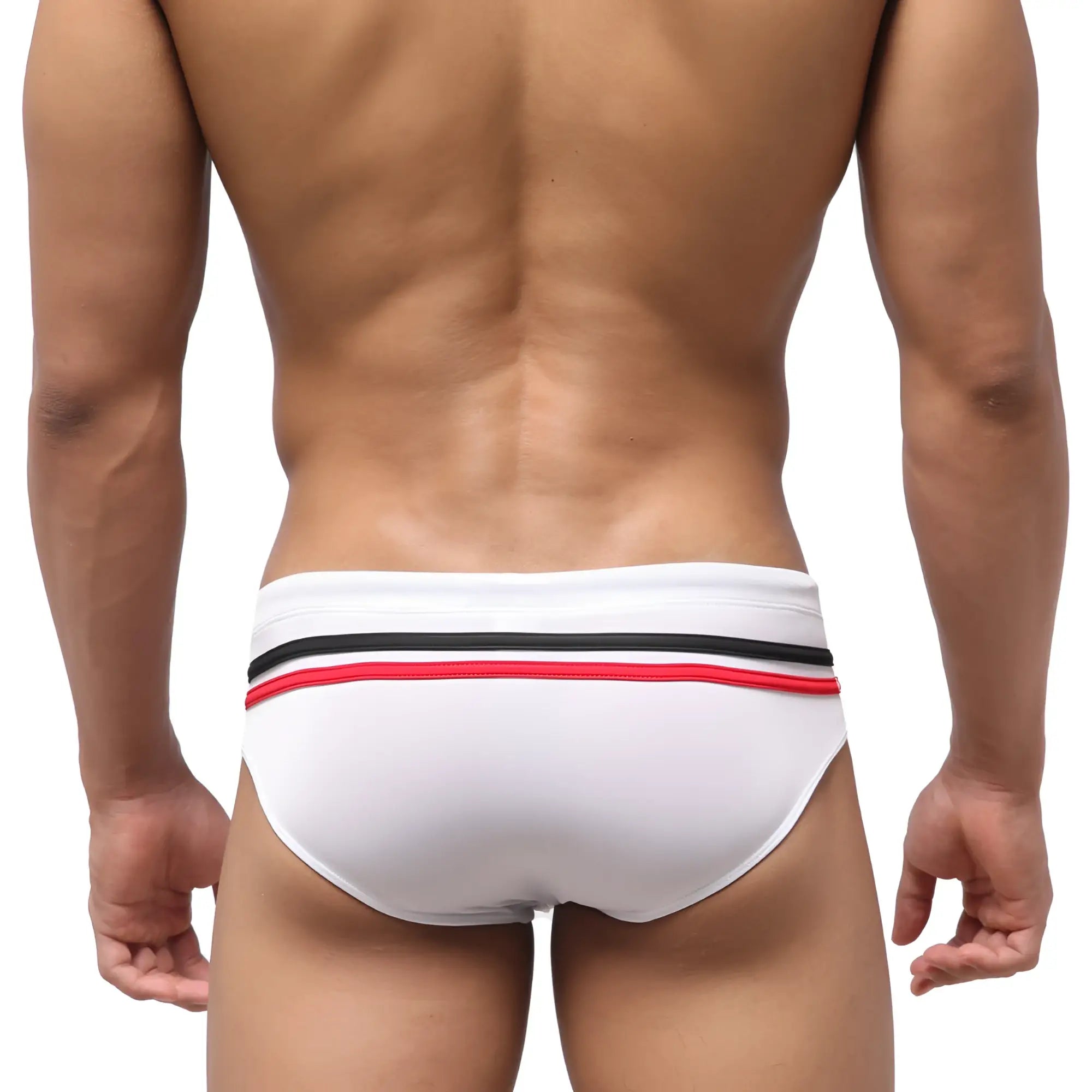 White swim trunks with a black and red striped waistband from MetroMaleWear Eagle Swim Brief 4948-01 for swimming