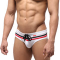 White metro malewear eagle swim brief with black and red striped accents and drawstring waistband for swimming