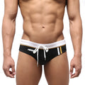 MetroMaleWear edge swim brief black with white waistband gold trim and white drawstring for stylish swimwear use