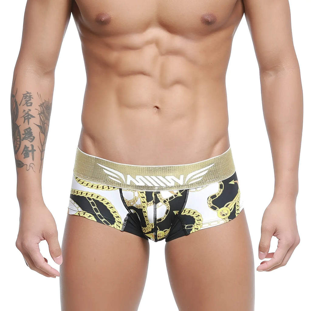 Black and white boxer briefs with gold chain pattern and glittery gold waistband featuring miiine logo metroMalewear egyptian trunk