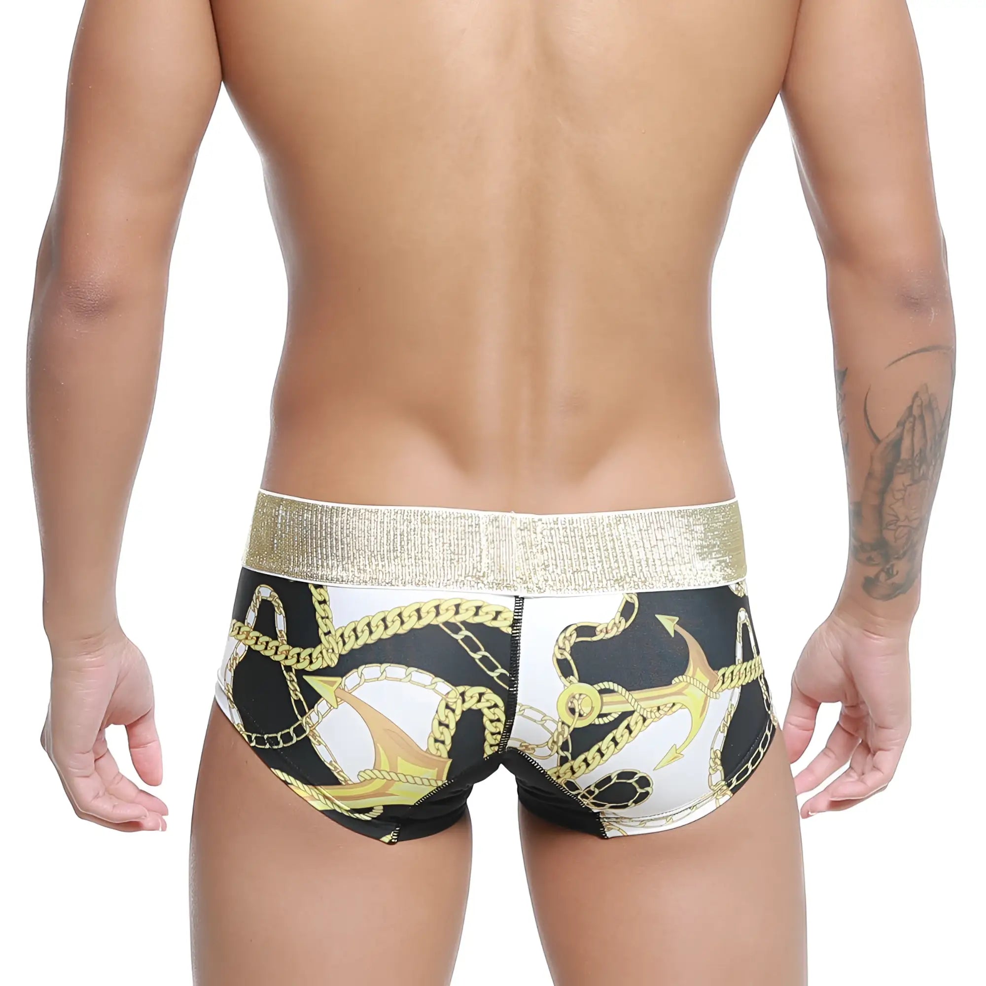Metro malewear egyptian trunk 7013-99 black and white swim trunks with gold anchor chain pattern and metallic waistband