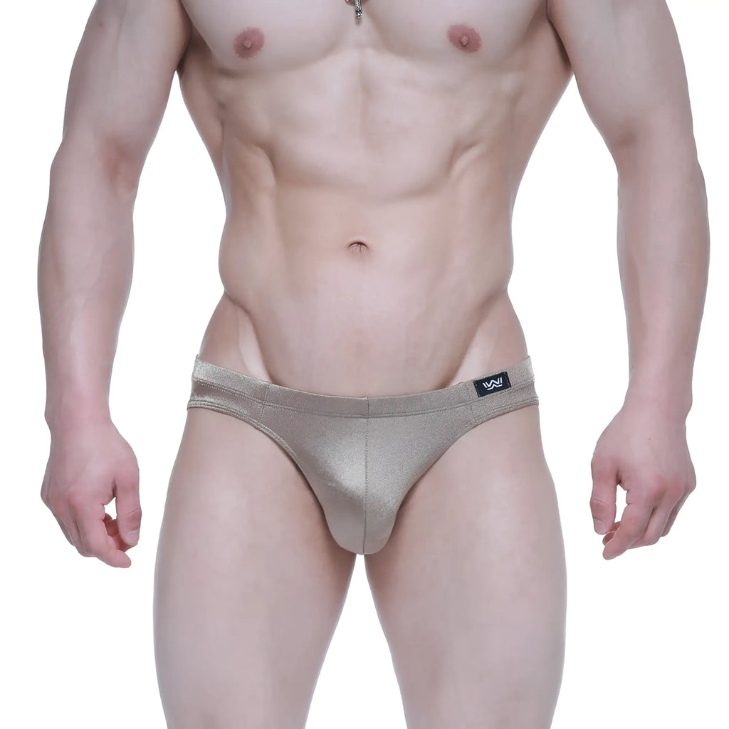 MetroMaleWear Elegance Bikini 5103-M02 shiny metallic gold briefs with sleek form-fitting design and black brand tag on waistband