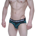 MetroMaleWear elegant briefs black 5203-63 with teal and black tropical leaf pattern and branded waistband