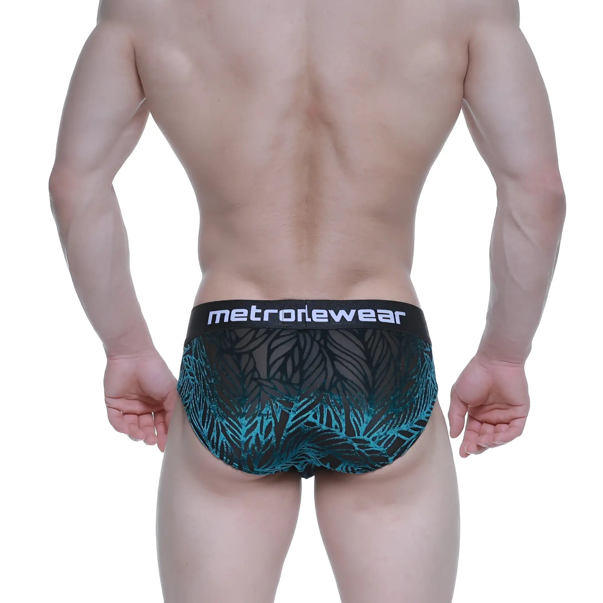 MetroMaleWear elegant brief black 5203-63 features black and teal tropical leaf pattern with branded waistband