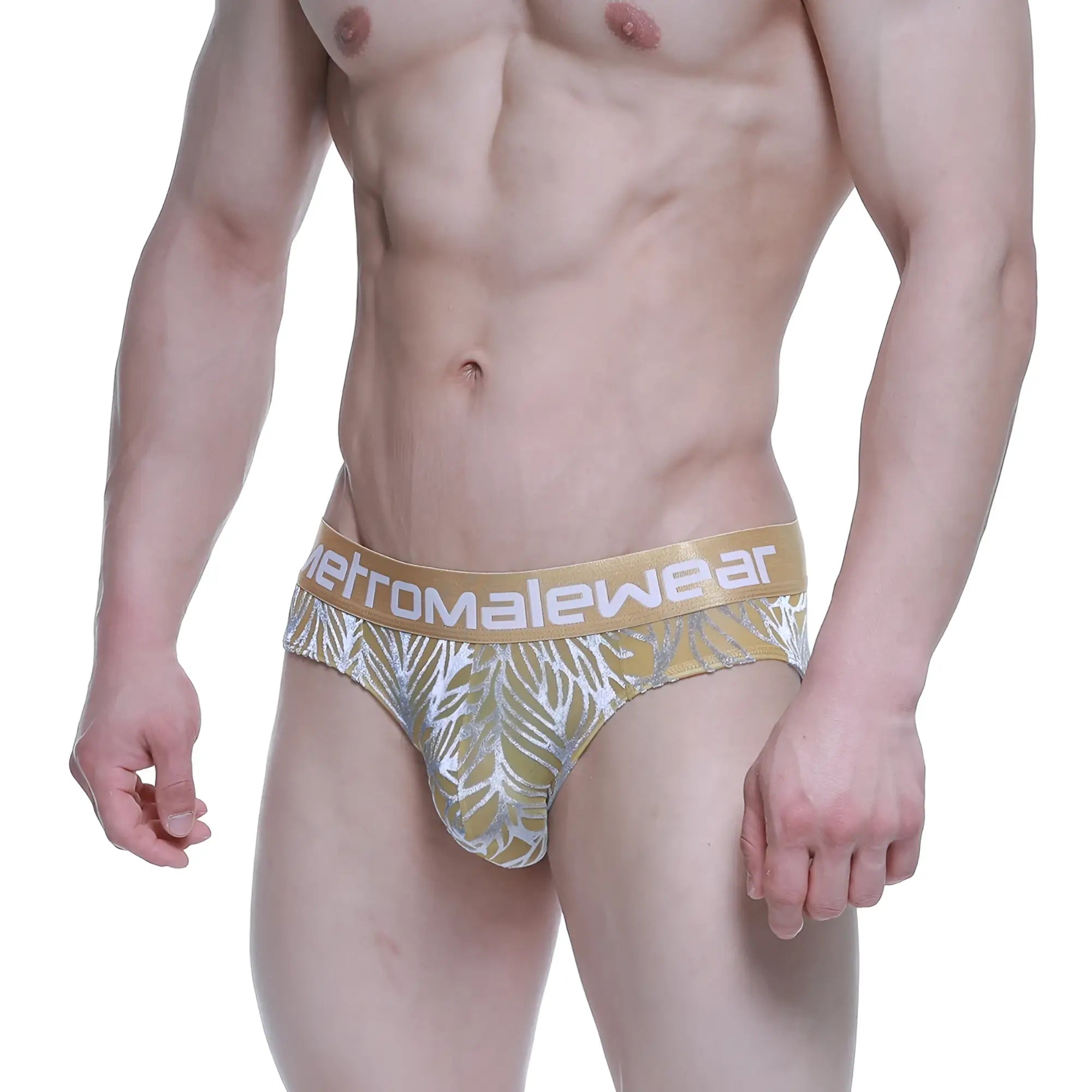 MetroMalewear elegant brief gold 5203-62 featuring gold and silver leaf pattern and branded waistband for men