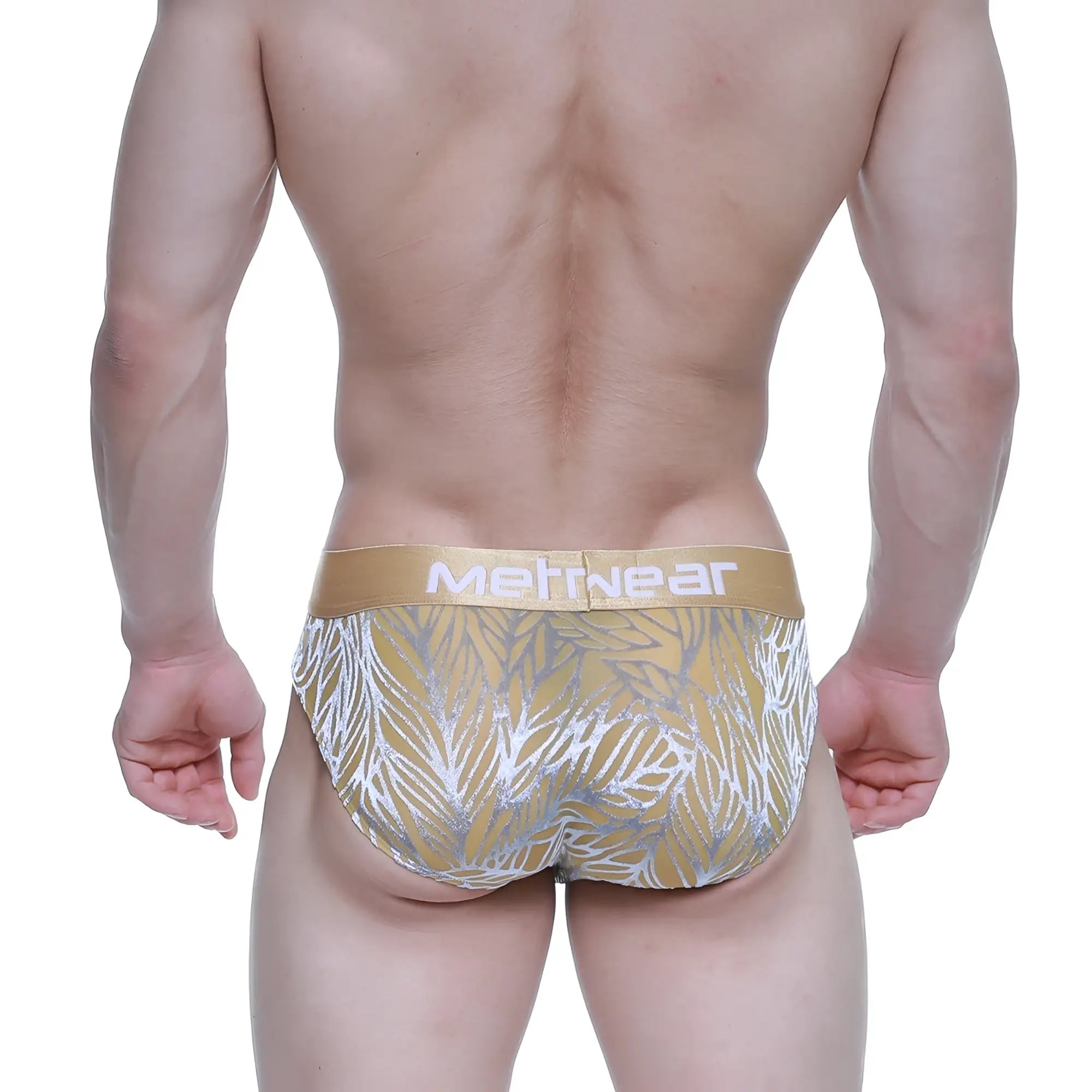 Metro male wear elegant brief gold 5203-62 gold and silver leaf-patterned men’s briefs with tan metwear waistband