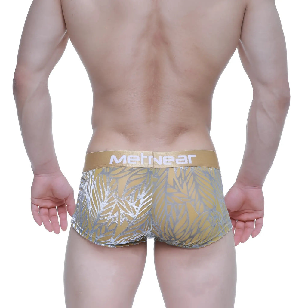 Metro male wear elegant short boxer 2026 65 gold and silver leaf pattern men’s briefs with metallic waistband